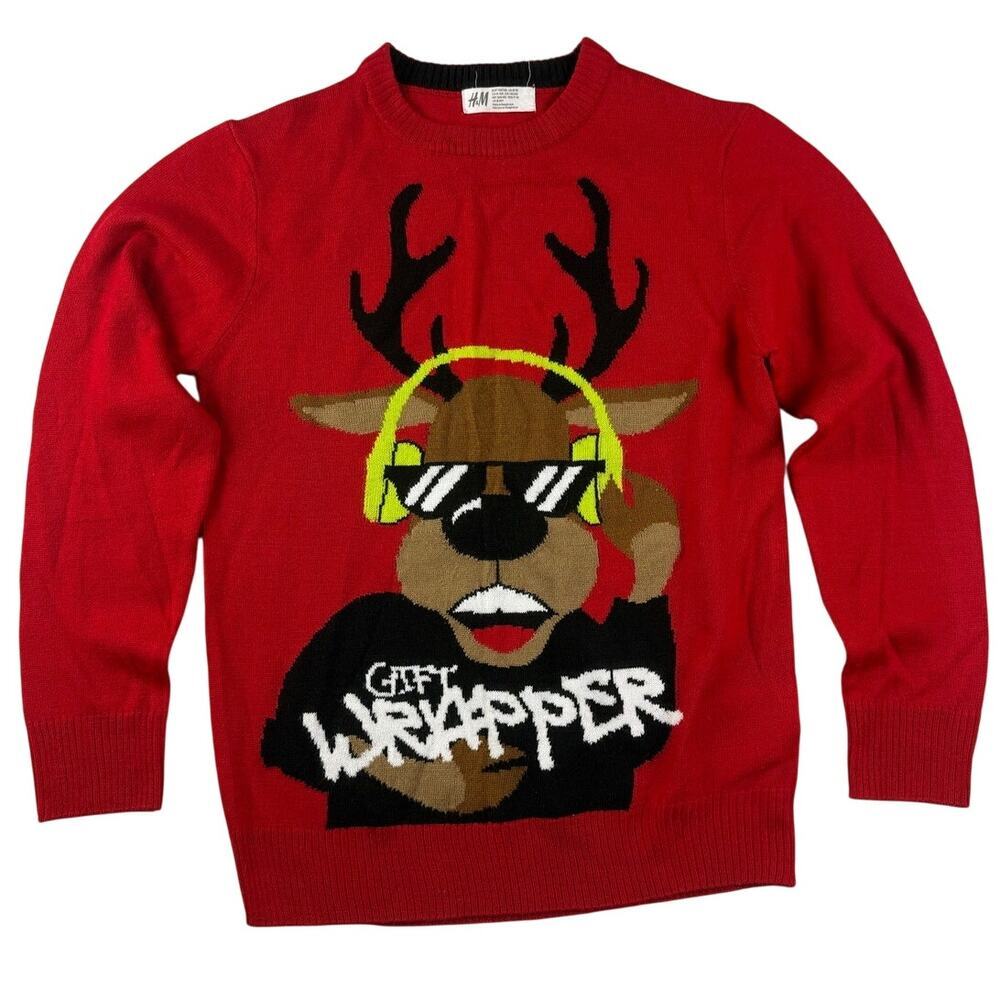H&M Christmas Sweater Red Reindeer Jacquard-Knit Cotton Jumper 8-10